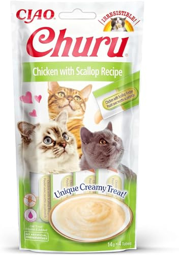 INABA Churu, Snack per Gatti Cremoso con Pollo e Capesante, 4 Stick x 14g | Snack Morbido e Cremoso, Delizioso, Stick da Leccare, Topper per il Cibo, Ingredienti Premium, Basso Contenuto Calorico