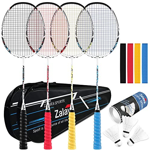 Zalava Professional Badminton Rackets Set, Lightweight Badminton Racquets, 4U Badminton Set 4 Pack, Carbon Fiber, for Beginners, Advanced Players, Teens, Family Fun & Outdoor Activities