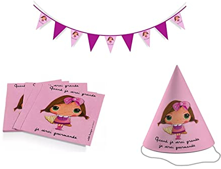 Label tour, set pour gouter d'anniversaireQuand je serai grande je serai gourmande, 6 chapeau de fête + une banderole fanions + 24 serviettes en papier