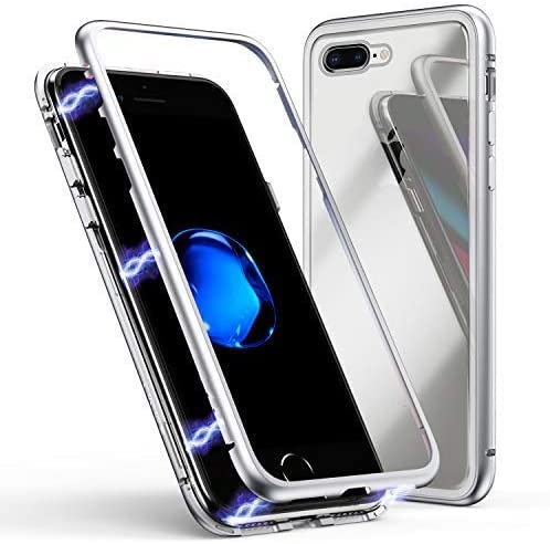 LONYAN Magnetic Phone Case for iPhone 7 Plus/iPhone 8 Plus, Metal Frame Transparent Tempered Glass Back Built-in Magnet Adsorption Cover with Screen Protector for Apple iPhone 7 +/8 + (Silver)