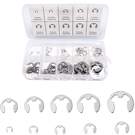 E Clip Sicherungsring, E Clip Sprengring, Intern Sicherungsring, Edelstahl E-Clips Sicherungsringe10 Größe Interner Externer Druckknopf mit Aufbewahrungsbox, für Wellenbefestigungsteile, 120Stück