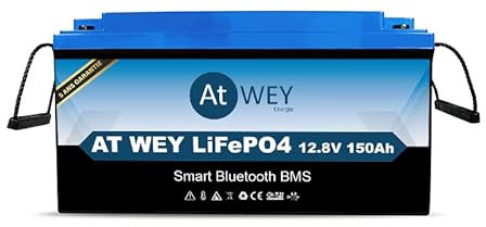 AT WEY Batterie Nouvelle génération Lithium Lifepo4 150Ah 12V Rechargeable avec BMS Connecté pour Energie Solaire, Déch. Profonde Supérieur à 4000 fois Système/Marine/Solaire/Camping-Car/Bateau