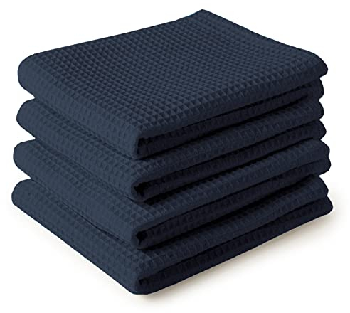 Encasa XO Küchenhandtücher und Waschlappen aus Baumwolle | Navy blau | Waffel- und Flachgewebe-Geschirrtuch | Geschirrtuch-Set | 70x45 cm | Wiederverwendbar und schnell trocknend 4er-Satz