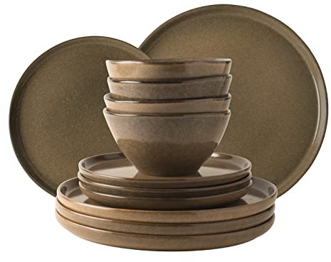 Dutch Rose Amsterdam Serenity Organic Camel Geschirr-Set, Speiseteller, Schüsseln und Tassen, Geschenkset, Dessert, Salat, Vorspeise, kleines Mittagessen usw., 12 Stück