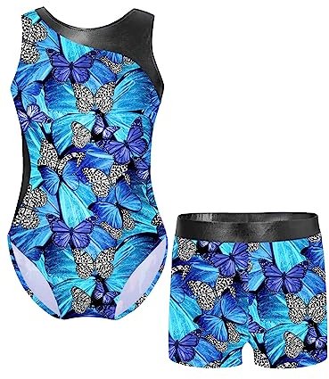 iEFiEL Mädchen Einhörner Turnanzug Glänzend Gymnastik Leotard Kinder Kleidung Set Ballett Trikot Tanz Kostüme mit Überkreuzte Träger T Schmetterling blau 146-152