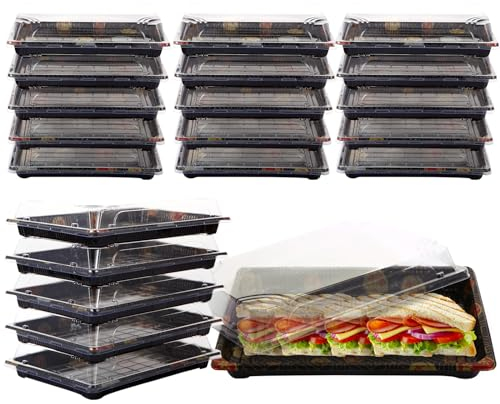 LMTNNB Paquete de 20 bandejas de catering de bufé, 26 x 19 cm, bandeja de plástico reutilizable para sándwiches con tapas transparentes, bandejas de catering para fiestas, pasteles, sushi