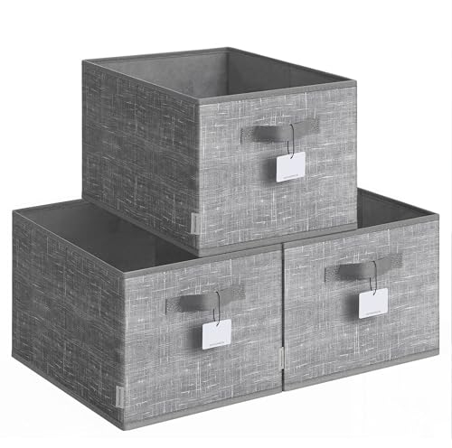 SONGMICS Cajas de Almacenaje Plegables, Juego de 3 Cestas de Tela, 40 x 30 x 24 cm, Organizadores de Armario, 2 Asas, Portaetiquetas, para Dormitorio, Salón, Gris Espadaña ROB440G01