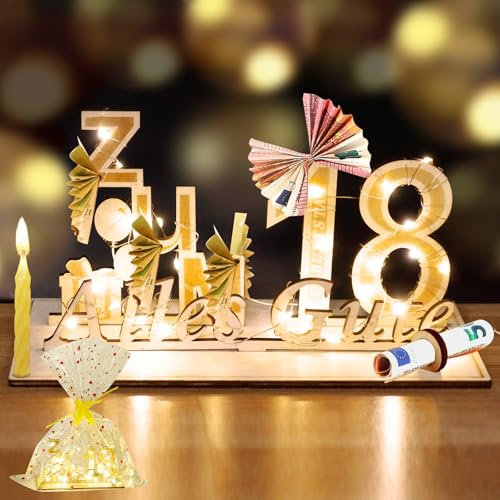 YSWOVUO 18. Geburtstag Mädchen Junge, Geldgeschenke Holz mit LED Lichterkette, Geschenk zum 18 Geburtstag Junge Madchen, Geschenkideen zum 18 Geburtstag, Alles Gute