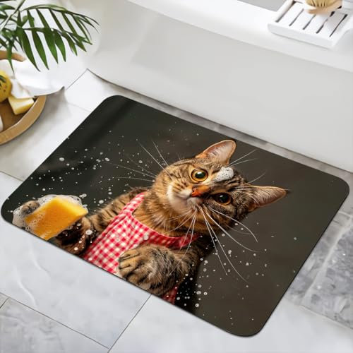 YISUMEI Badematte rutschfeste Badteppich 40x60cm Waschbar Schnelltrocknende Badezimmerteppich, Duschvorleger für Dusche, Badewannen, WC Deko (Hausarbeit Kätzchen-2)