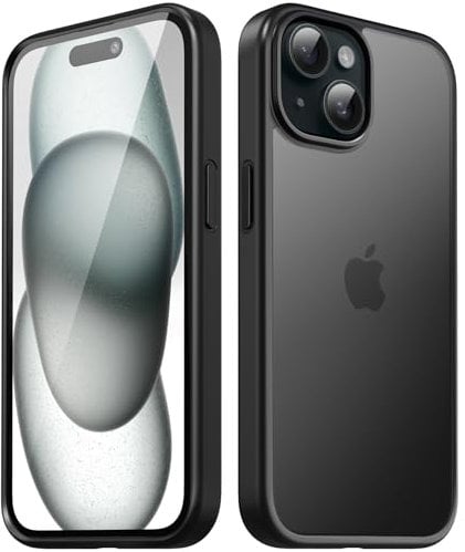 TIIXXA Matte Case for iPhone 15 6.1-Inch, Shockproof Drop Protection, Frosted Translucent Back Phone Cover, Anti-Fingerprint (Black)