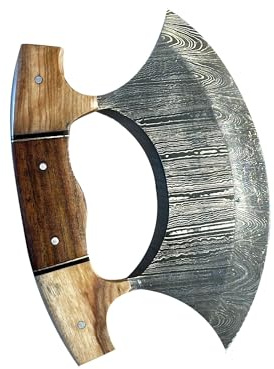 H-RAF Couteau Ulu Artisanal avec Lame en Acier Damas, Manche en Bois et Insert Bleu (Marron Ulu-1)