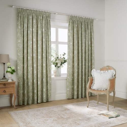 furn. Wylder Bella Pencil Pleat Curtain Pair – 100% Cotton Natural Botanical Floral Lined Drapes (Sage - 168x137cm)