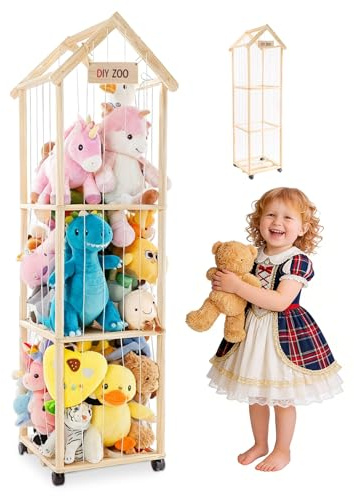 Soft Toy Storage,150*40*40cm Wood Stuffed Animal Storage Zoo for Kids Room | 3-Tier Teddy Storage Organizer with 360° Swivel Castors&Elastic Cords,Plush Toy Organizer for Nursery Room/Playroom/Bedroom