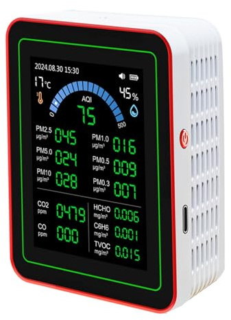 POENVFPO Luftqualitätsmonitor CO2 HCHO TVOC PM2.5 PM10-Detektor mit Datenspeicher für das Heimbüro, Tragbares Messgerät für die Luftqualität in Innenräumen mit 2,8-Zoll-LCD-Display, Temperatur- und