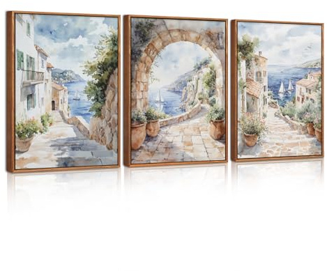 BINCUE 3 Stück Leinwandbilder aus Italienküste,Meeresansicht Bilder,bild mit rahmen,Moderne Europäische Ländlichkeit als Wanddekoration,Mediterrane Blau Wandbilder für Wohnzimmer Schlafzimmer,30x40cm