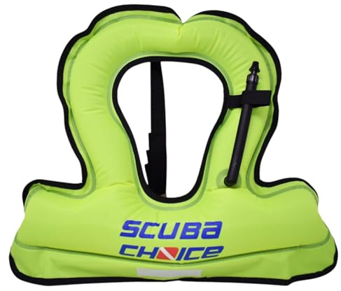 Scuba Choice Youth Kids Snorkel Vest - Neon Yellow/Blue Safety Floatation Aid, Up to 100 lbs, Adjustable Fit with Name Box & Anti-Ride-Up Strap, Easy Oral Inflator & Secure Crotch Strap