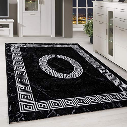 HomebyHome Teppich Wohnzimmer 120x170 cm Schwarz Moderne Bordüre Design - Küche Esszimmer und Schlafzimmer Teppich Kurzflor Extra Weich Pflegeleicht - Carpet Living Room