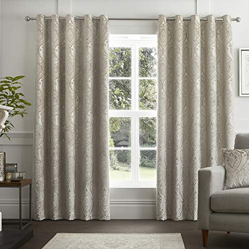 Curtina - Natural Ivory Damask Curtains W46 x L90 (117 x 229cm) - Cream Eyelet Curtains with Velvet Plush Pattern - Traditional/Baroque Curtains - Luxury Curtains & Drapes for Bedroom/Living Room