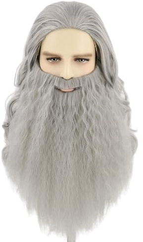 LeMarnia Wizard Perücke und Bart, Set, grau, lang, gelockt, für Cosplay, Kostüm-Zubehör für Halloween, Perücke