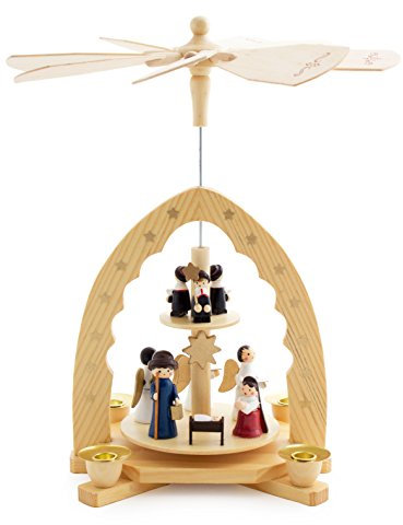 BRUBAKER 2-stöckige Weihnachtspyramide aus Holz - 30 cm - Krippenszene mit Jesuskind Maria und Josef, Engeln und Sternsingern