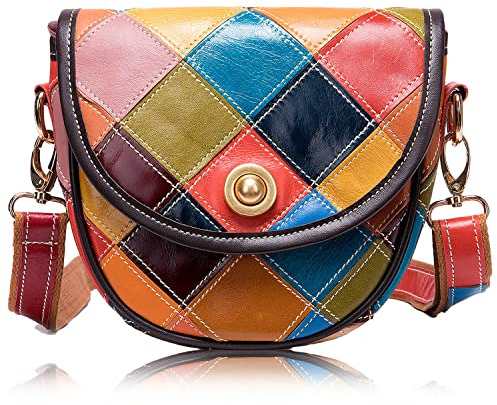 Karoukee Bunte Patchwork Ölleder Umhängetasche für Frauen, Stilvolle Kleine Handy Sattel Schultertasche, Damen Elegante Handtasche, Handytache Crossbody Bag mit Verstellbarer Riemen