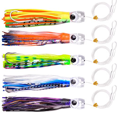 Trolling Lures Saltwater Fishing Lures, Offshore Big Game Trolling Lures for Tuna Marlin Mahi Wahoo Deep Sea Fishing Lures Bait Rigged Squid Skirt Leader Hooks 9inch