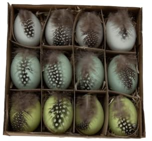 NaDeco Hühnereier, bemalt, 12 Stück, mit Hänger, in vielen Farben & mit verschiedenen Motiven erhältlich | Deko-Ostereier | Schöne Osterdeko zum Aufhängen, Farbe:Grün mit Federn