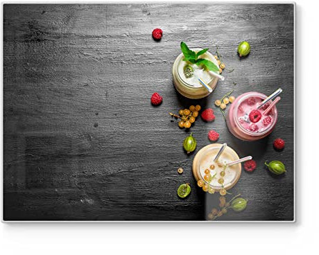DEQORI Schneidebrett aus Glas | groß 40x30 cm | Motiv Smoothies auf Schiefer | Design Schneideplatte für Küche | Frühstücksbrett antibakteriell & rutschfest | Glasplatte & Servierplatte