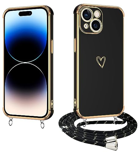 E-Lush Handyhülle für iPhone 15 Hülle mit Band, Herz Love Muster Galvanik Silikon Handy Hülle für iPhone 15 Schutzhülle mit Kordel zum Umhängen Kameraschutz Stoßfeste Case, Schwarz