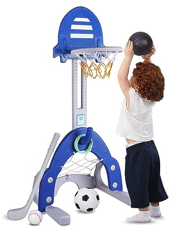 Sinbide Basketballständer, Kinder Basketballkorb Set, 4 in 1 höhenverstellbarer Basketballständer, Fußballtor-Ballspiele, Golfspiel, Ringwurf, Music, Lernspielzeug, Geschenk für Kinder(blau)