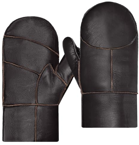Harssidanzar Herren Fäustlinge,Winter Warme Echtleder Schaffell Shearling Pelz Gefütterte Fäustlinge Handschuhe KM055EU,Braun, Größe M