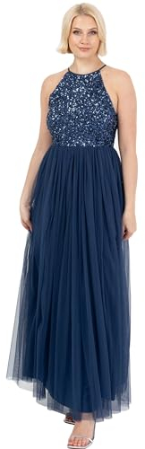 Maya Deluxe Damen Womens Ladies Bridesmaid Maxi Dress Halter Neck Sequin Embellished Prom Graduation Wedding Brautjungfernkleid, French Navy, 42