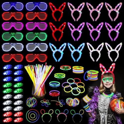 GOBOK 359Pcs Knicklichter Party Set,150 Leuchtstäbe,12 Leuchtbrillen,12 Hasenohren,20 Fingerlampe,165 Verbinder, für Kinder und Erwachsene