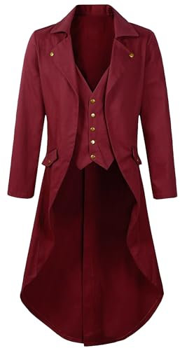 Maeau - Tuxedo Homme Veste Gothique Longue Queue Victorien Vintage Manteau Long Robe Médiéval Steampunk Uniforme Prince pour Halloween - Rouge - 4XL