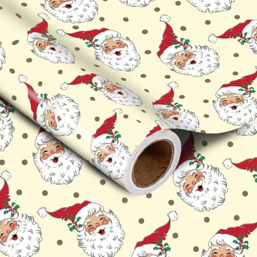 LeZakaa Weihnachts-Geschenkpapierrolle – Happy Santa Claus & Brown Dots in Beige Xmas verspieltes Design für Weihnachten, Urlaubsparty, Geschenkpapier – 43,2 cm x 16,4 Fuß (23,2 m²)
