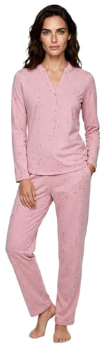 Zeitlos Schlafanzug Damen Langarm Pyjama Sterne Knöpfe Baumwolle M-2XL