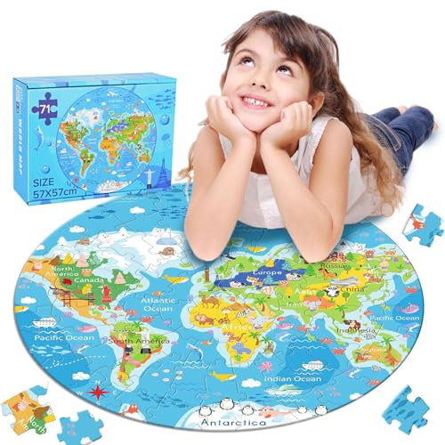 World Map Jigsaw Puzzle for Kids (71 pieces puzzle) Round Puzzles for Toddlers Large Floor Map Educational Geography Birthday Children's Day Gift for Boys and Girls 6,7,8,9,10,11,12 Years Old