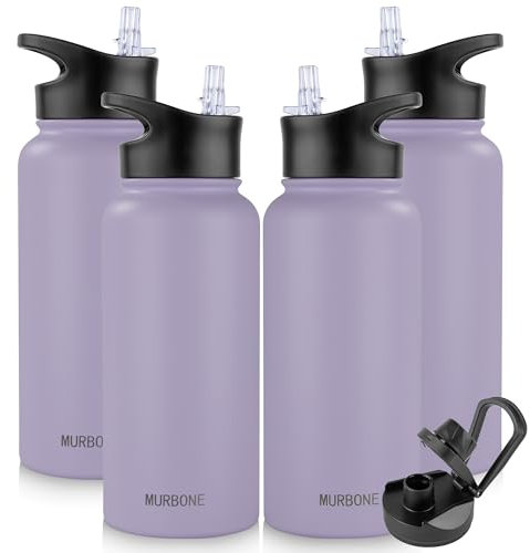 MURBONE Stainless Steel Drinking Bottle 1 L (+ 2 Lids) with Straw, BPA-Free, Leak-Proof, Suitable for Carbonated Drinks, Thermos Flask, Vacuum Double Wall Insulation for Sports, Travel, Camping (Set