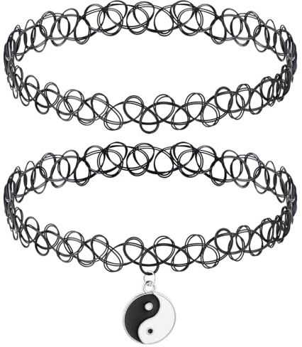 Choker Tattoo Stretch Halsbänder Schwarze Choker Halsketten 2 Stück | Elastische Tattoo Kette 90er Gothic 90er Jahre Accessoires für Frauen Geburtstagsgeschenk