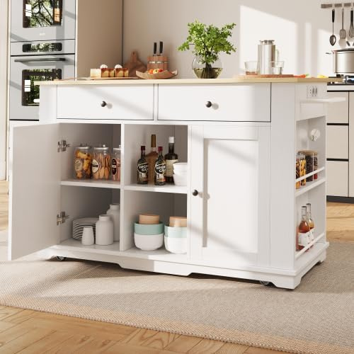 feynoss Kücheninsel Weiß (151.5x59.7x91.7 cm) mit Steckdosenleiste & Ausziehbarer Arbeitsplatte, Küchenwagen mit 6 Fächern & 2 Schubladen, Buffetschrank