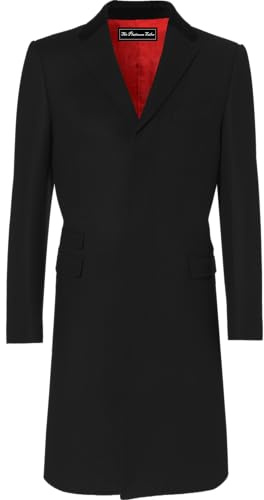 The Platinum Tailor New Mens Wool Covert Overcoat Warm Winter Mod Cromby Coat with Velvet Collar & Red Satin Lining, Black, 46