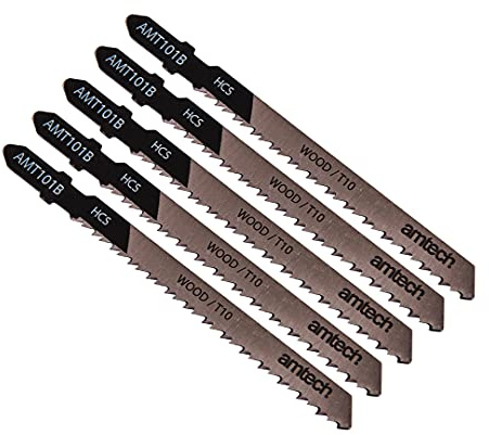Amtech 5pc Wood Jigsaw Blade Set (AMT101B), HCS T-Shank, 100 mm, 10 TPI for Straight, Clean Cuts in Softwood, Chipboard and Laminates