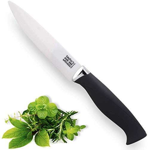 Taylors Eye Witness Ceramic Blade Utility Knife with Sheath 5 Inch/13 cm. White Zirconia Ceramic Blade with Black Soft Grip Handle. Corrosion/Rust Resistant. Stays sharp far longer than steel.