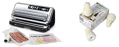 FoodSaver machine sous vide automatisé et professionnel avec compartiment de rangement & FSFSBS0024-050 Pack de 3 Bouchons hermétiques pour appareil de mise sous vide Blanc