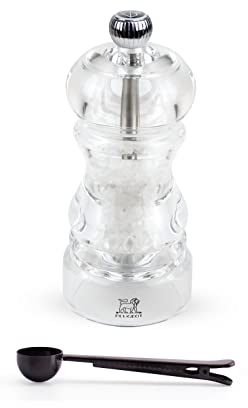 Peugeot - Nancy Manuelle Salzmühle aus Acryl – transparentes, verstellbares Mahlwerk Geschenk-Set – mit Edelstahl-Gewürzschaufel/Beutel-Clip, 11,9 cm