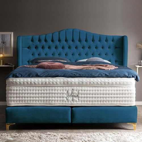 Boxspringbett Maison 180x200 Samt-Stoff, mit Visco-Topper, Füße Gold-Optik, Hotelbett, ohne Bettkasten, 7 Zonen Taschenfederkern-Matratze, Aufbau KOSTENLOS (Petrol, 180x200 cm mit Topper)