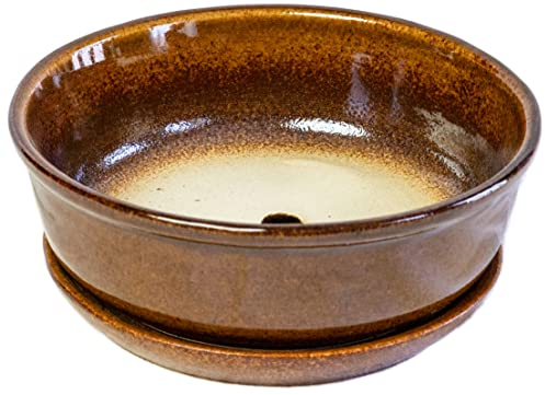 Kerazo Keramik Bonsaischale mit separater Unterschale rund 17,5x6cm hochwertig, robust, frostbeständig, langlebig mit Bodenloch (braun)
