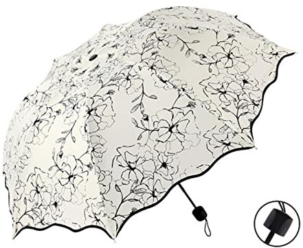 SvriTe Chic Floral Anti-UV paraguas plegable sol compacto mujeres señoras señoras resistente al viento lluvia hermosa flor 8K paraguas, Negro, M