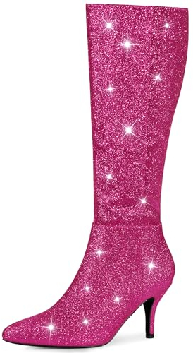 Allegra K Stivali alti al ginocchio da donna a punta con glitter glitter tacco a spillo, Rosa acceso, 38 EU