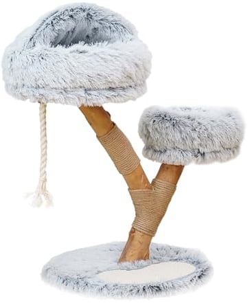Fudajo Arbre à Chat - 80 cm de Haut - Design ludique « Branche » - Meuble grattage félin Peluche - Couleur crème-Gris - en Poirier - avec Grotte, Sisal et Plate-Forme
